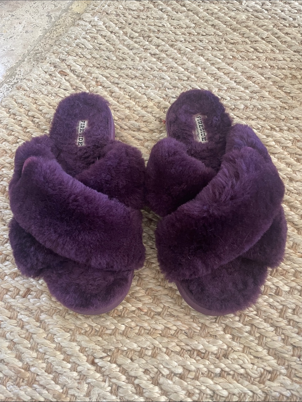 💜 Plush Crossband Slide Sheepskin Slippers in Deep Purple